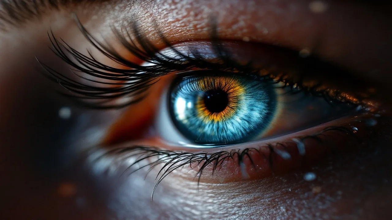 Seedance 2.5 AI visual fidelity — extreme macro close-up showing photorealistic skin, iris, and eyelash detail